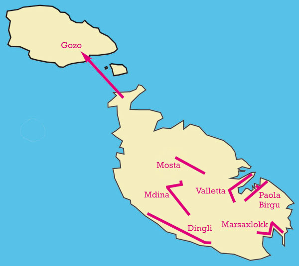 Mappa di Malta con itinerari